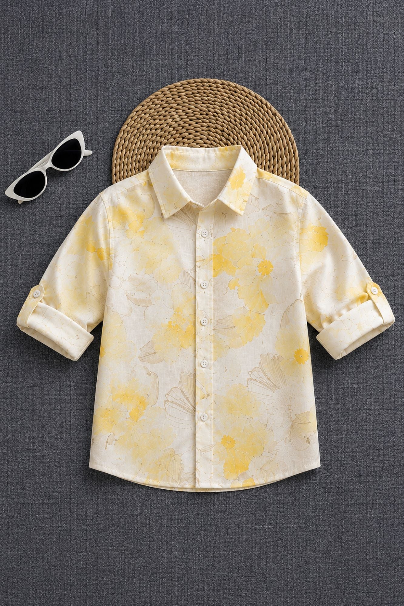 Yellow Tropical Floral Printed Pure Linen Shirt