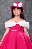 Hot Pink Off-Shoulder Bow Party Wear Frock with Matching Hat For Girls