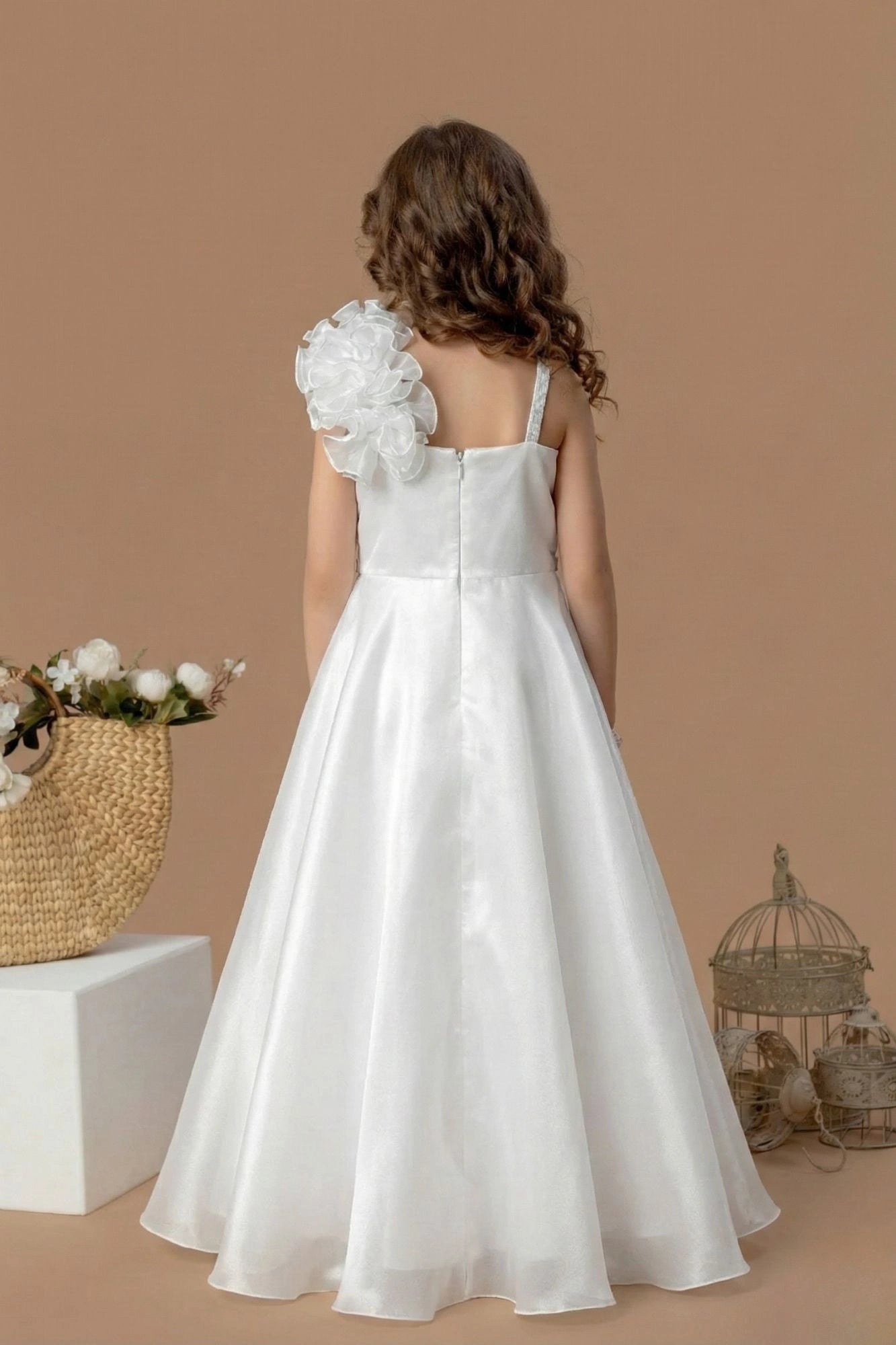 Designer White Floral Appliqué Party Wear Gown For Girls