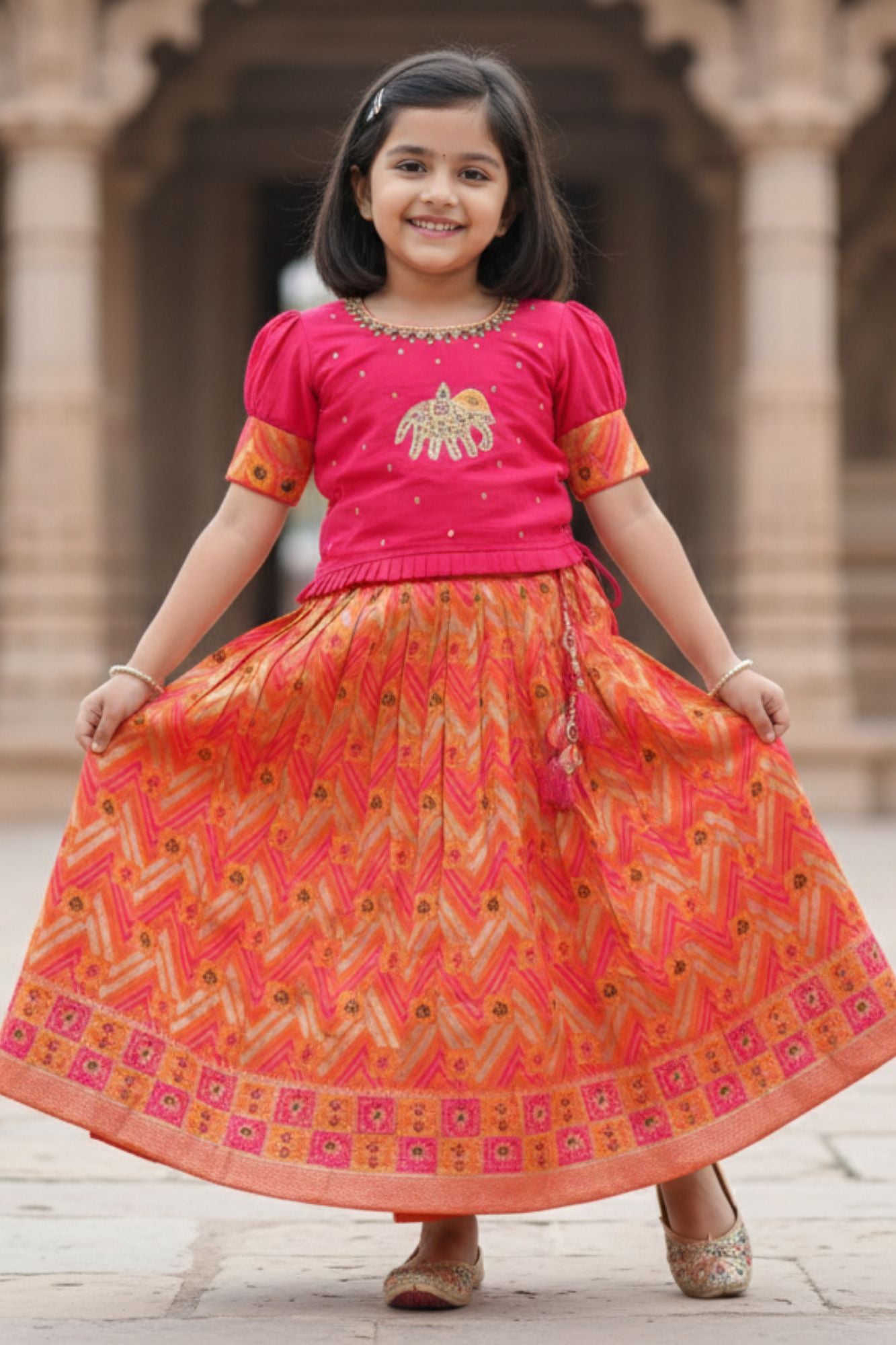 Pink And Orange Embroidered Pattu Pavadai with Elephant Motif For Girls