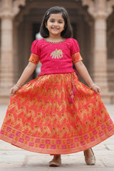 Pink And Orange Embroidered Pattu Pavadai with Elephant Motif For Girls