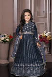 Grey Embroidered Long Ethnic Gown with Dupatta For Girls