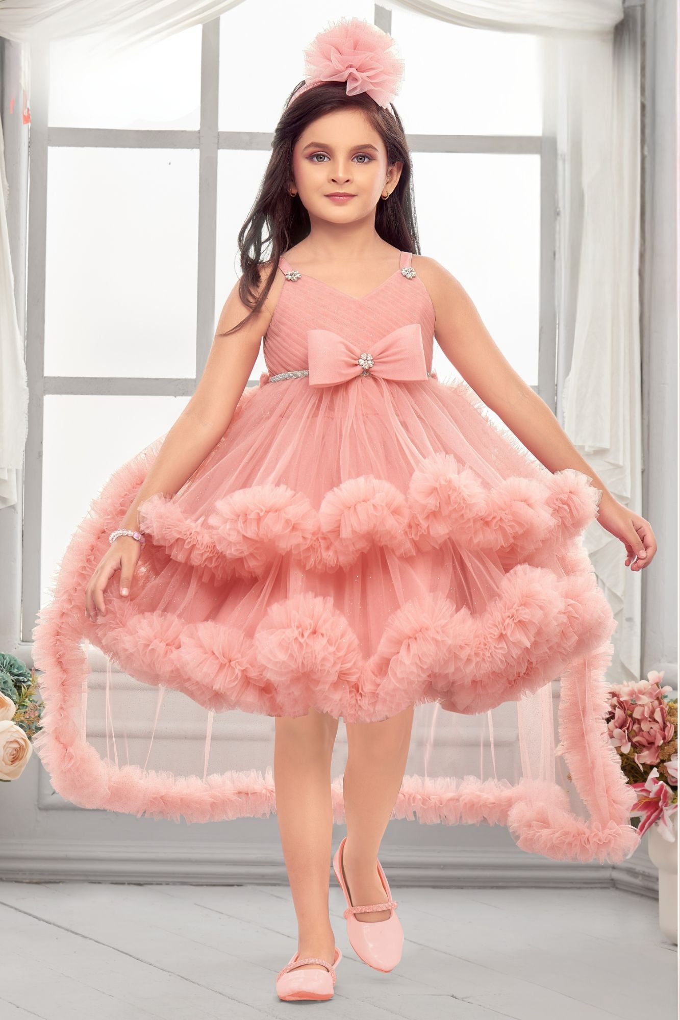 Peach High-Low Party Wear Tulle Frock with Bow Detail For Girls