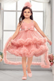 Peach High-Low Party Wear Tulle Frock with Bow Detail For Girls