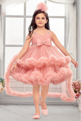Peach High-Low Party Wear Tulle Frock with Bow Detail For Girls