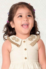 Chic Beige Sleeveless And Thread Embroidered Dress For Girls