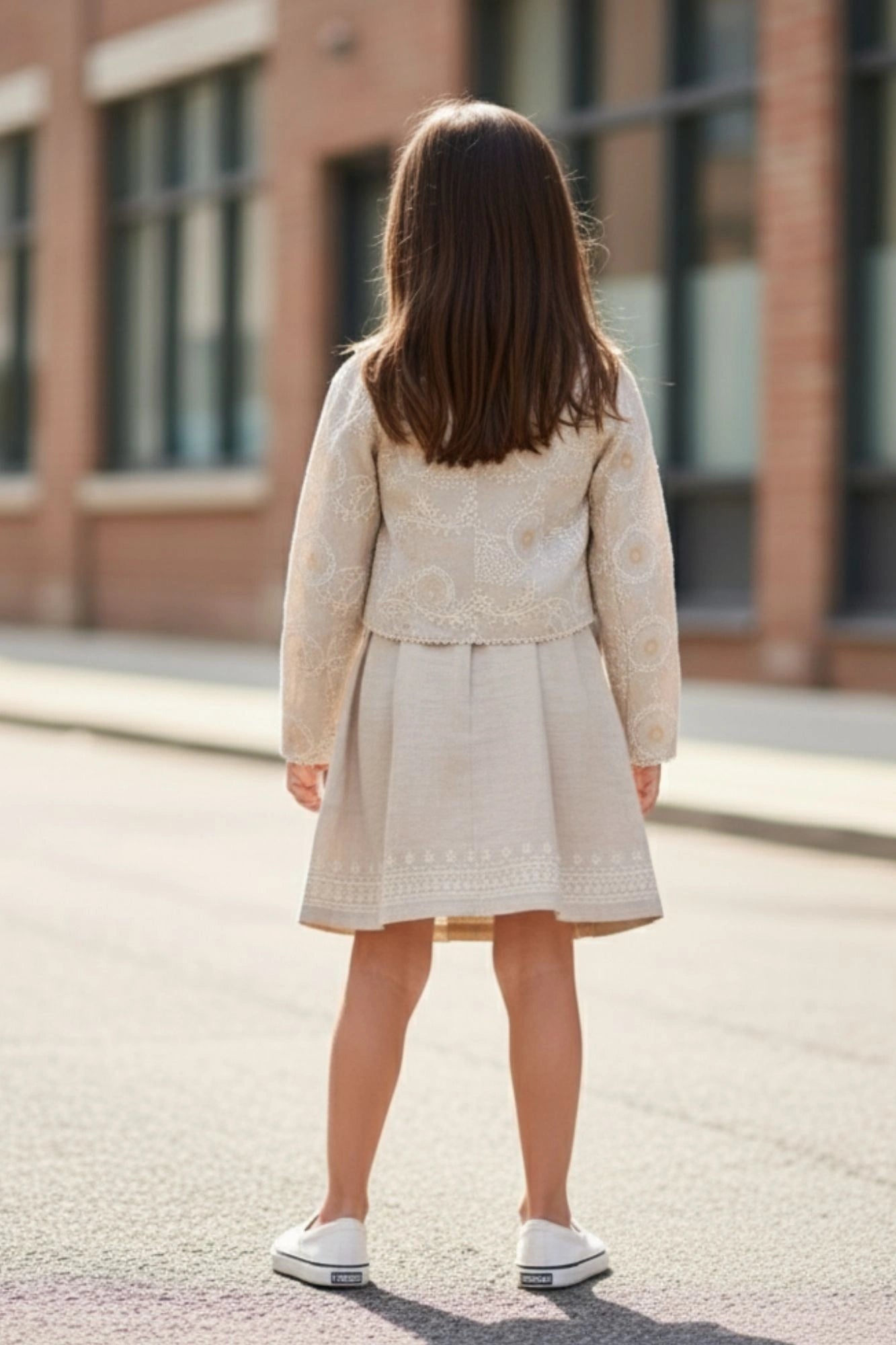 Beige Embroidered Jacket & Skirt Co-ord Set For Girls