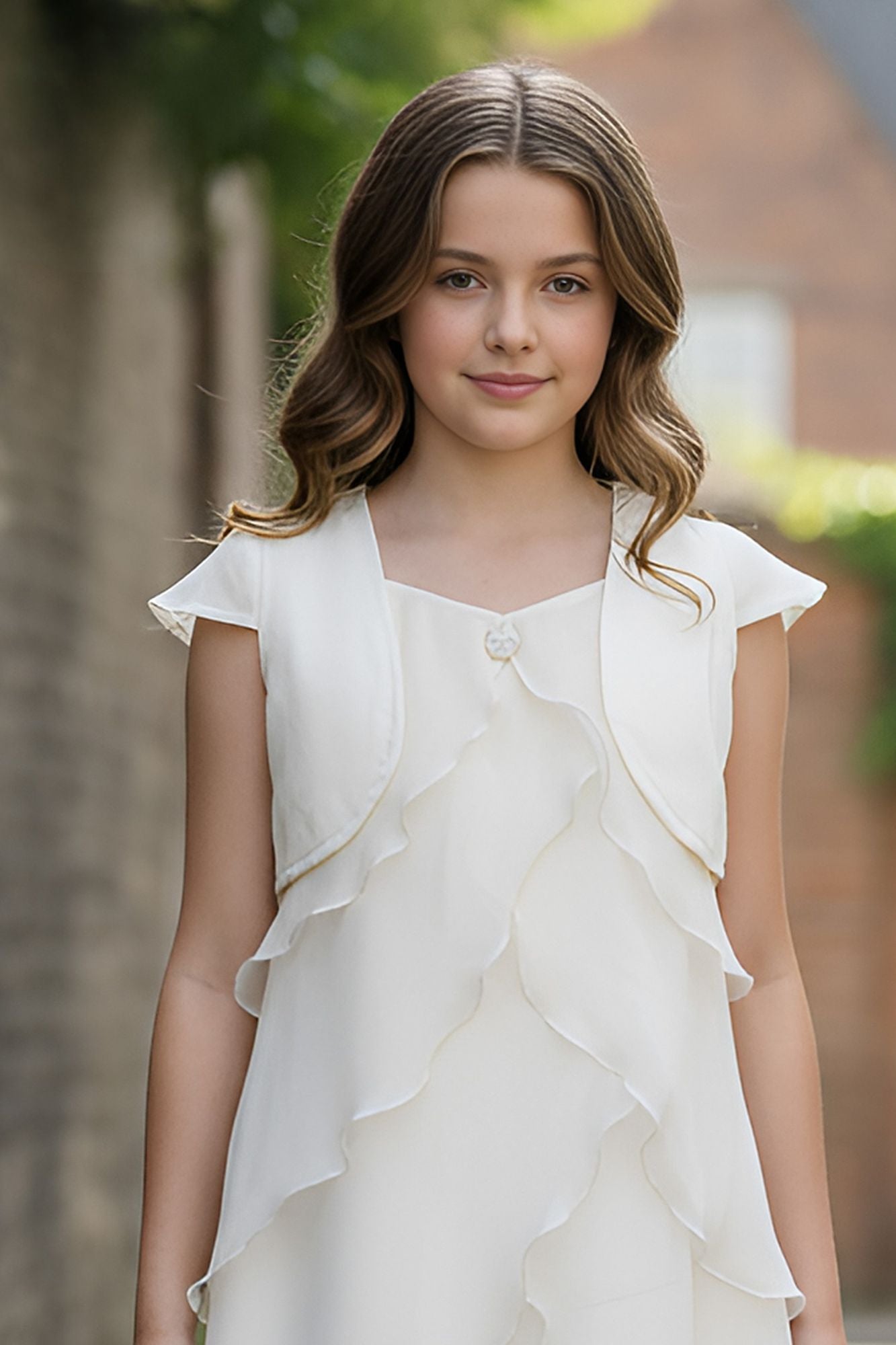Cream Layered Ruffled Party Dress With Shrug For Girls