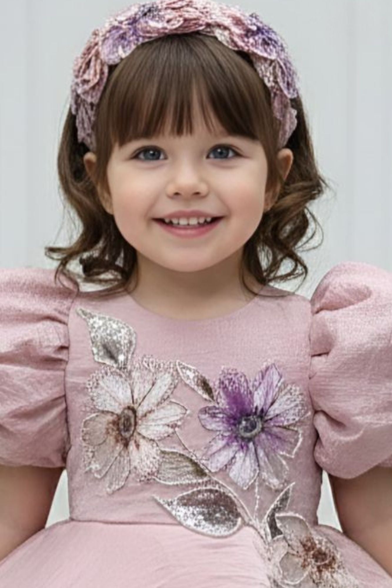 Dusty Pink Floral Embroidered Puff Sleeve Party Frock For Girls