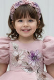 Dusty Pink Floral Embroidered Puff Sleeve Party Frock For Girls