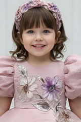 Dusty Pink Floral Embroidered Puff Sleeve Party Frock For Girls