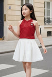 Red Sequin Halter Top & White Pleated Skirt Co-ord Set For Girls