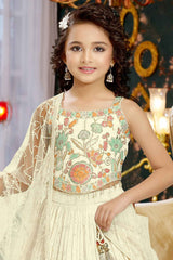 Cream Sequin And Embroidered Lehenga Choli Set For Girls