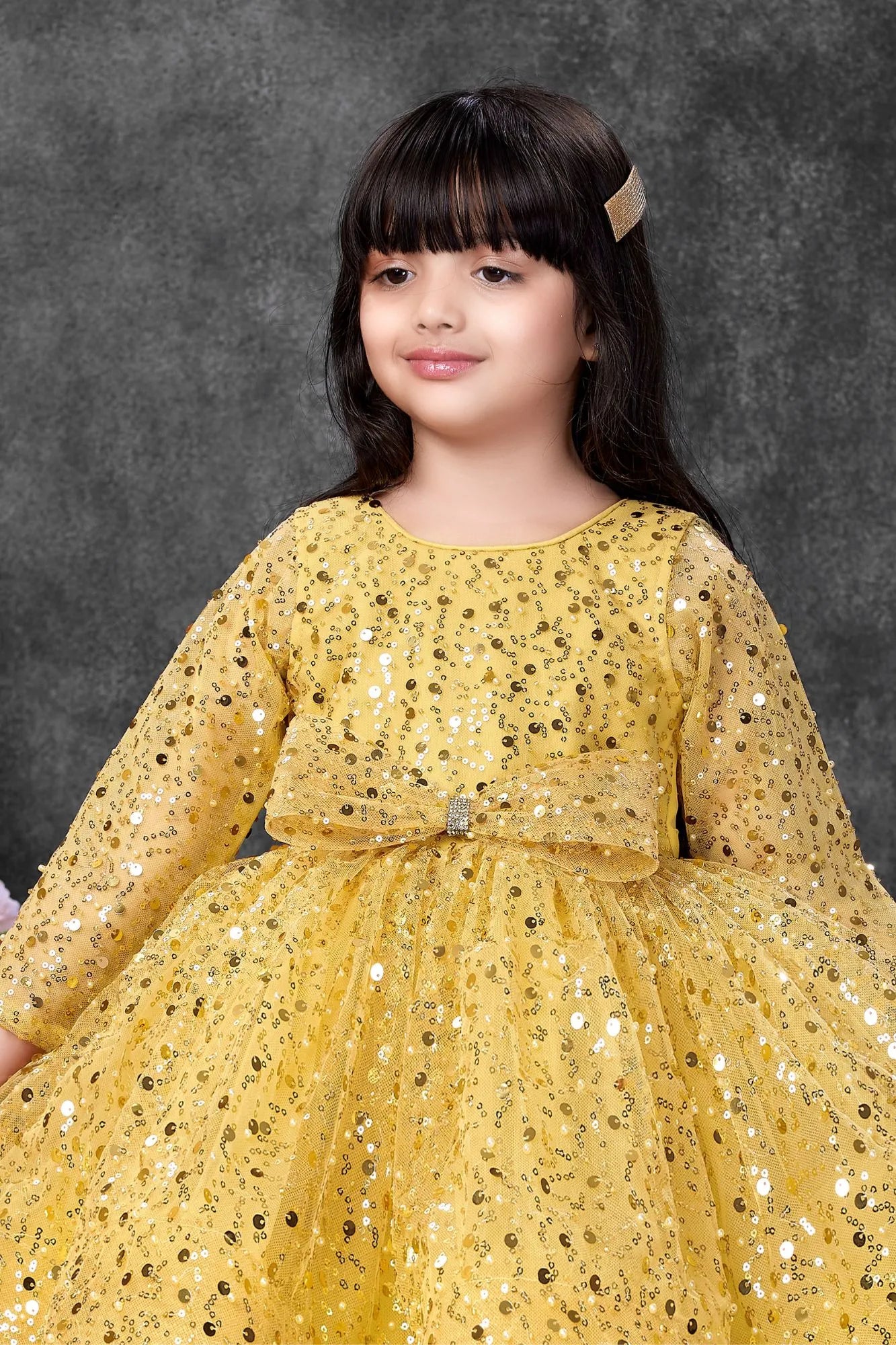 mustard yellow girls dress Mustard Yellow Sequins Embellished Party Wear Frock with Bow Detail Fo –  Lagorii Kids