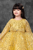 Mustard Yellow Sequins Embellished Party Wear Frock with Bow Detail For Girls
