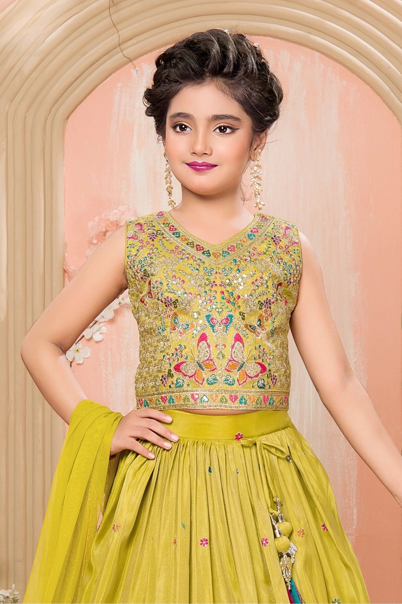 Yellow Multi-Color Butterfly Sequins Embroidered Lehenga Choli Set for Girls