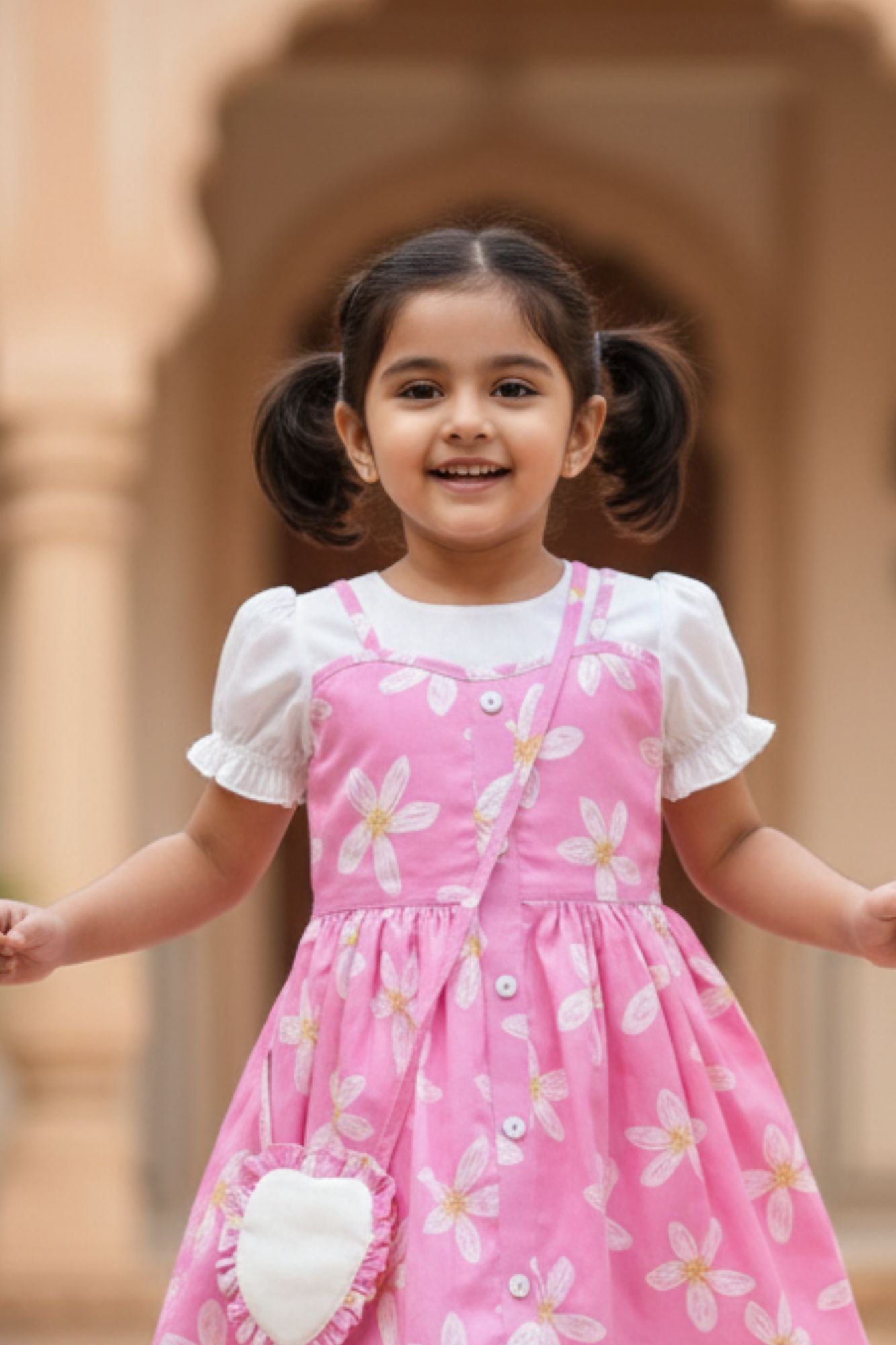 Pink Floral Printed Dress And Matching Sling Bag For Girls