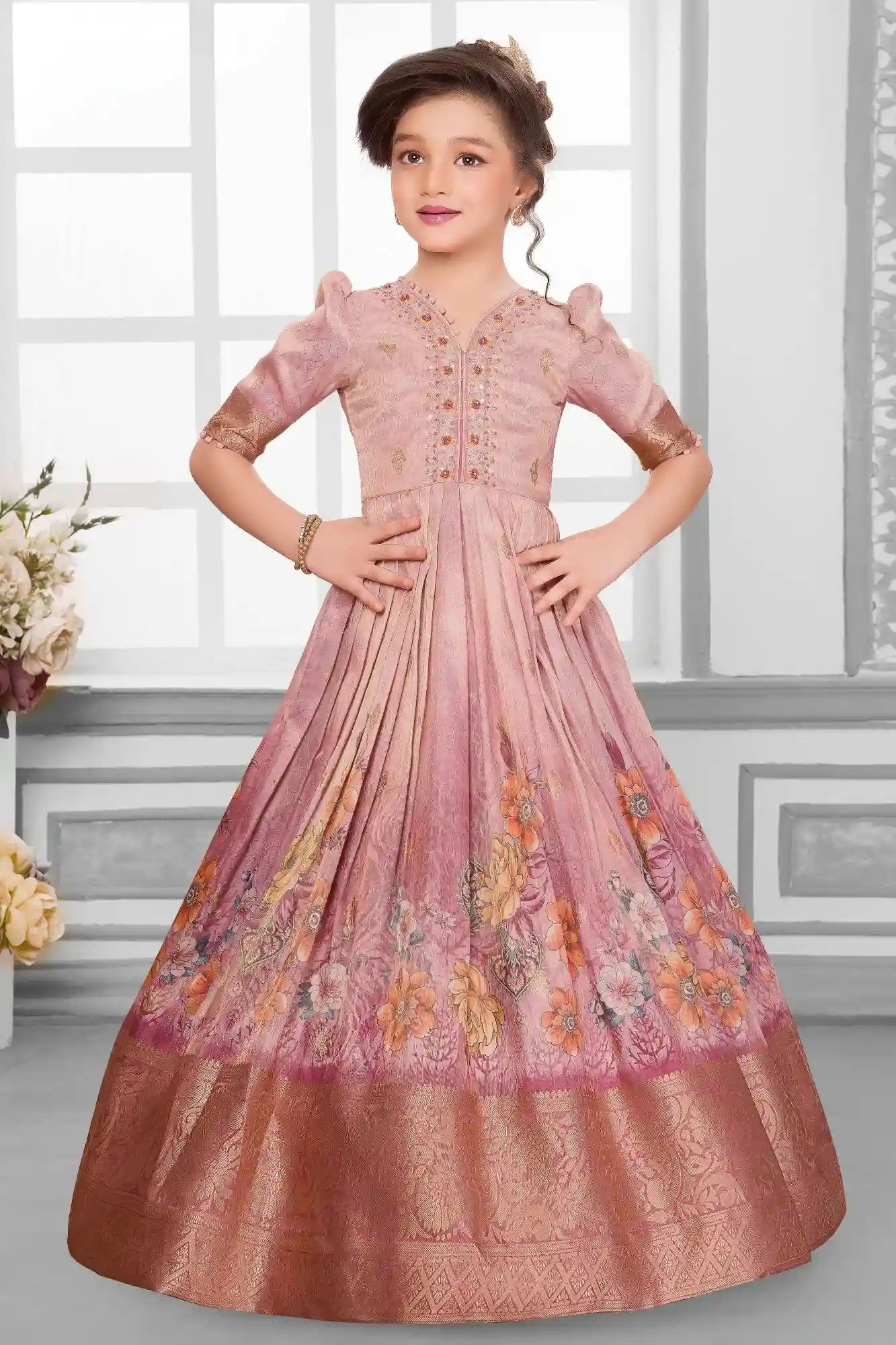 Onion Pink Floral Banarasi Gown For Girls