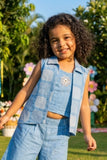 Girls Sky Blue Printed Waistcoat Co-Ord Set with Inner Top And Wide-Leg Pants