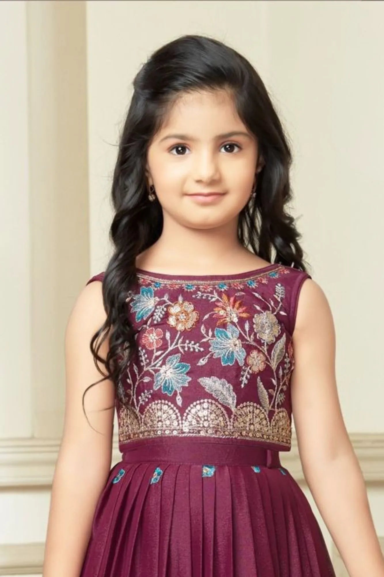 Dark Purple Floral Embroidered Ethnic Lehenga Choli for Girls