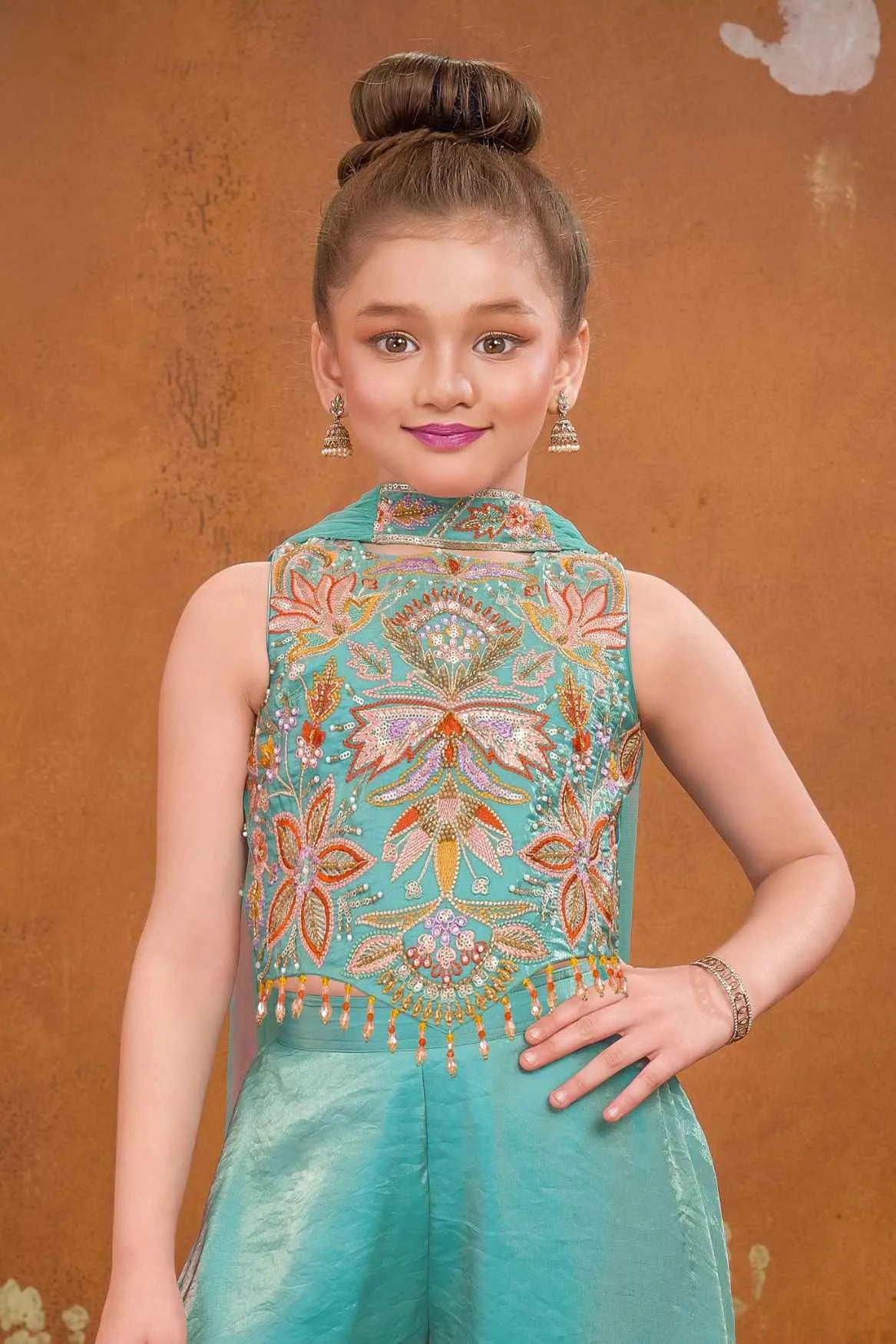 Sea Green Embroidered Palazzo Set For Girls
