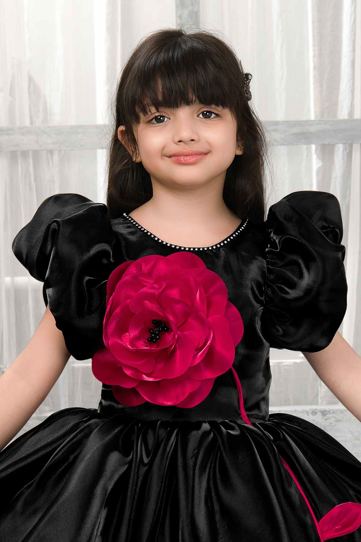 Black Satin Puff Sleeve Dress With 3D Red Flower For Girls