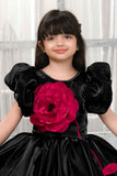 Black Satin Puff Sleeve Dress With 3D Red Flower For Girls