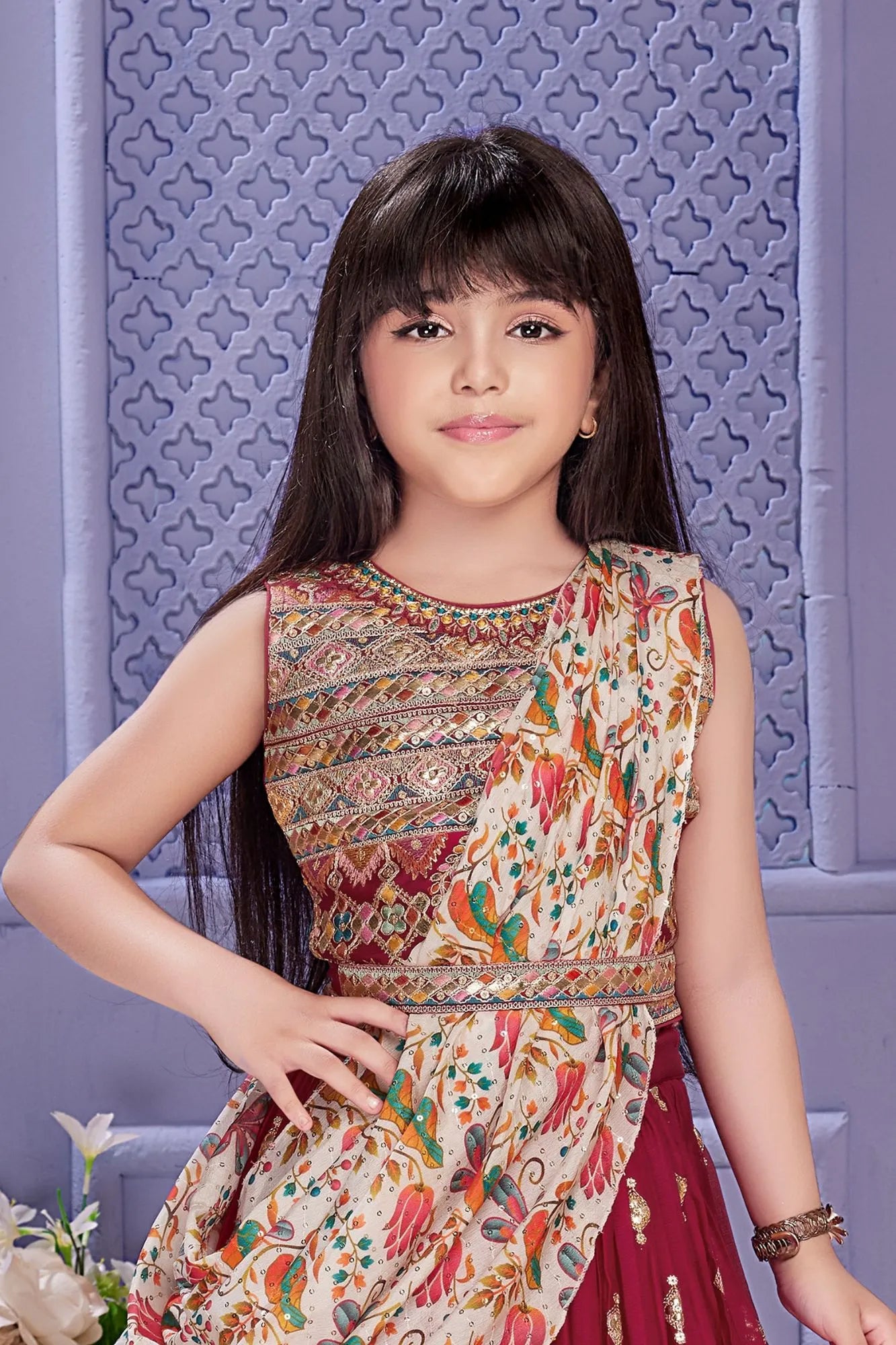 Maroon Embroidered Lehenga Choli Set with Floral Printed Draped Dupatta For Girls