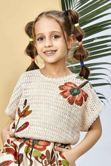 Stylish Cream Crochet Top With Floral Printed Pant Set For Girls