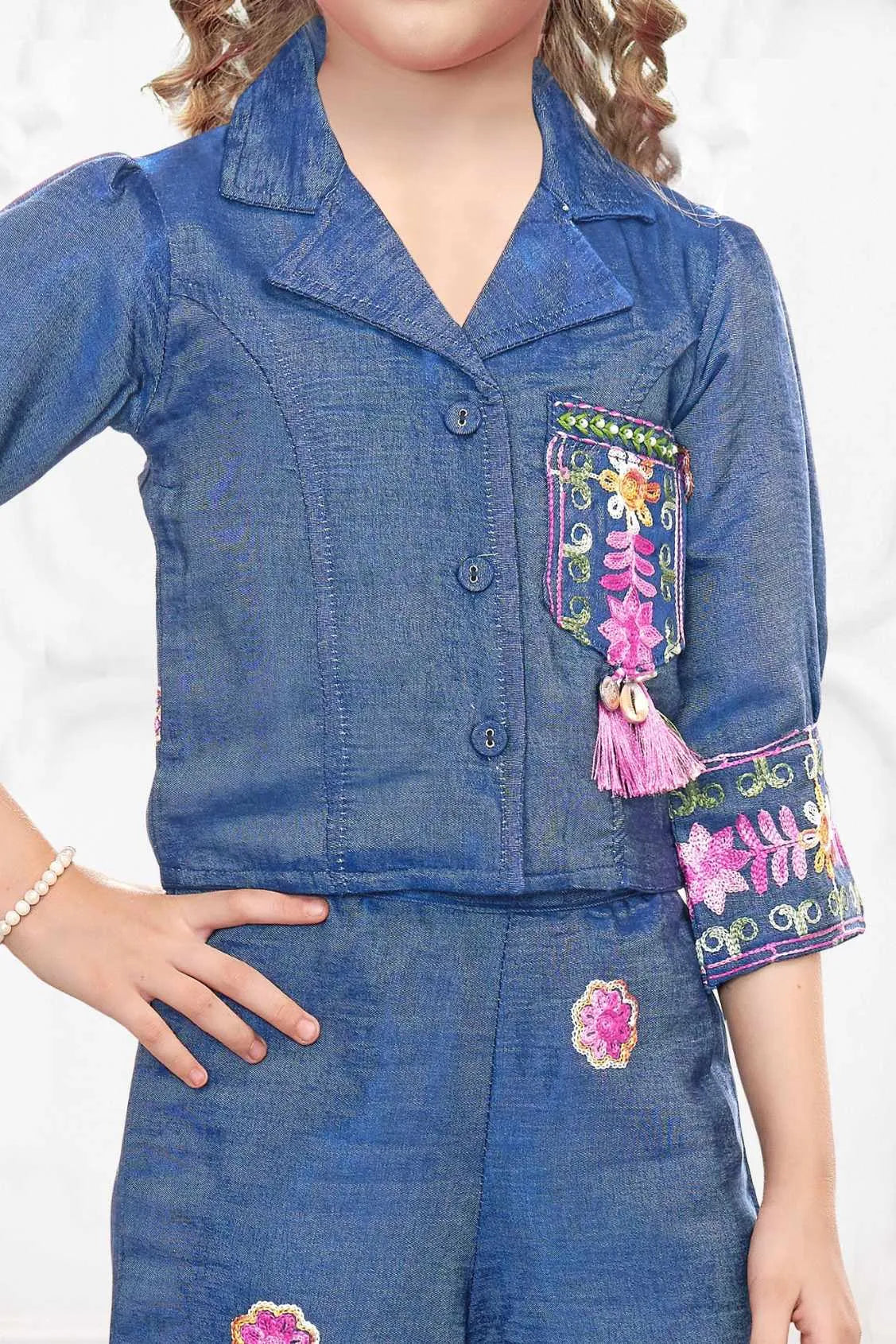 Indigo Blue Embroidered Top And Pants Set For Girls
