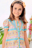 Blue Printed Dress With Lace On Yoke A Line For Girls