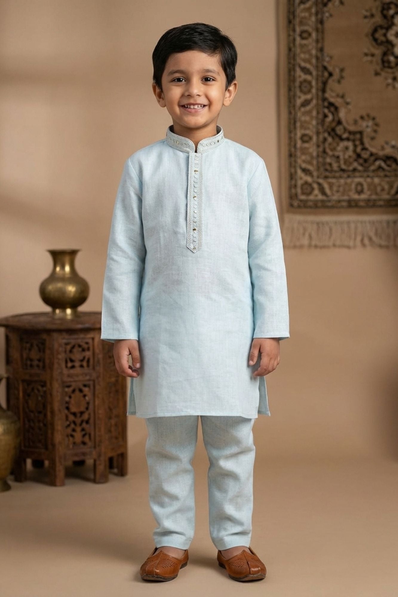 Blue Embroidered Linen Kurta Set For Boys