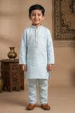 Blue Embroidered Linen Kurta Set For Boys