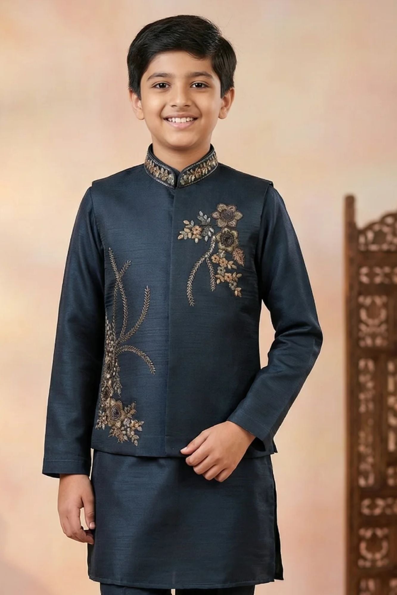 Boys Navy Blue Kurta Set with Embroidered Nehru Jacket
