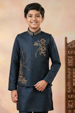 Boys Navy Blue Kurta Set with Embroidered Nehru Jacket