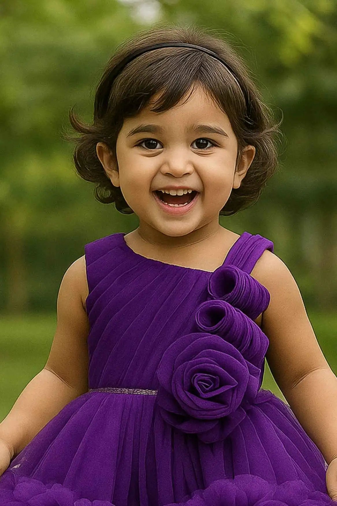 Purple High-Low Party Frock with Floral Embellished & Ruffle Layers For Girls