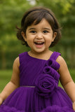 Purple High-Low Party Frock with Floral Embellished & Ruffle Layers For Girls