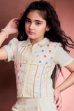 Girls Beige Top And Pants Set with Multicolor Embroidery