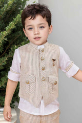 Beige Waist Coat With White Shirt And Pant Set For Boys