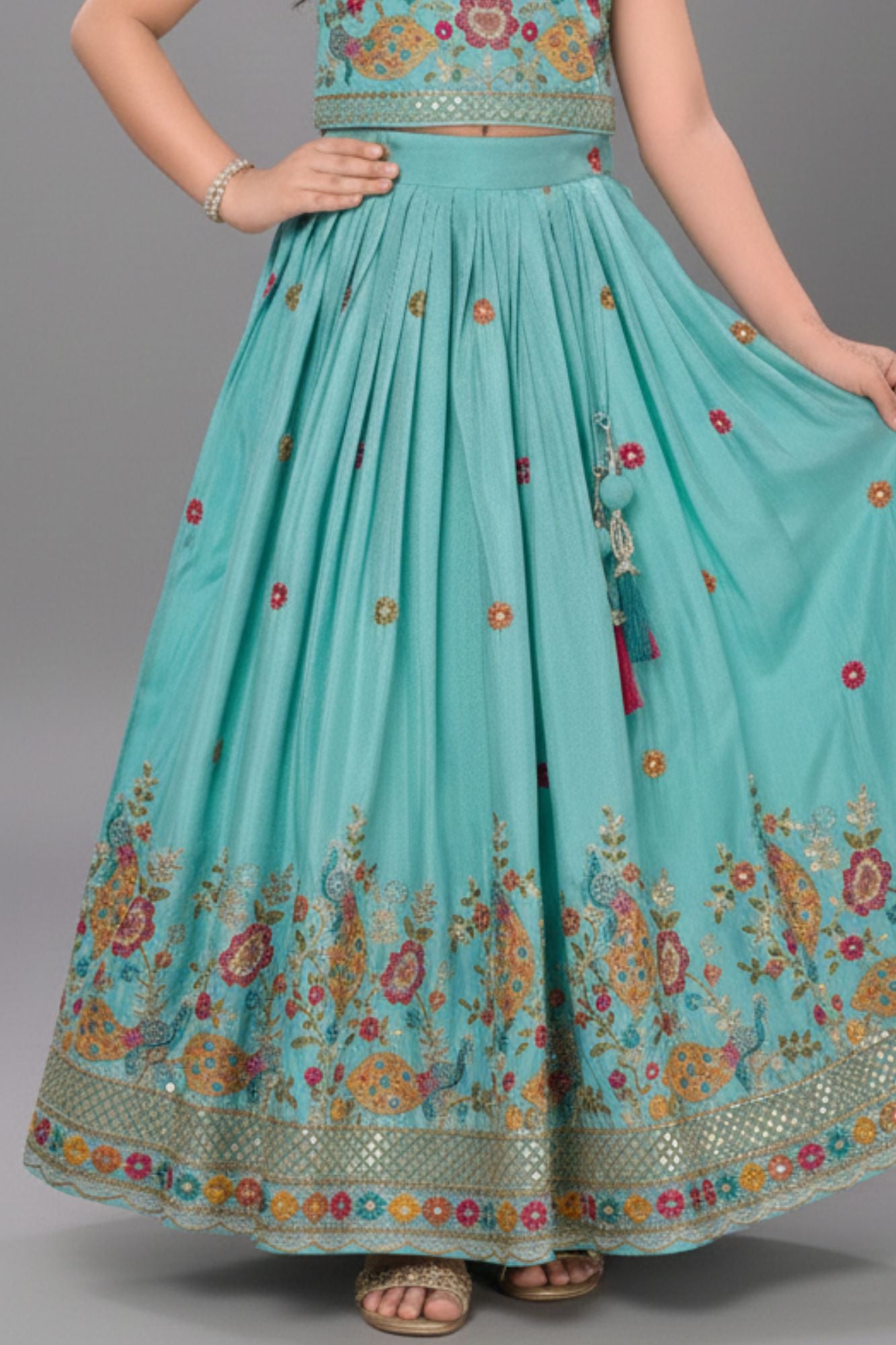 Aqua Blue Multicolor Embroidered Lehenga Choli Set For Girls