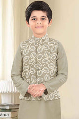 Pista Green Full Sleeves Kurta With Embroidered Waist Coat Set For Boys