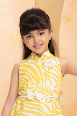 Mustard Printed And Floral Embellished Dress For Girls