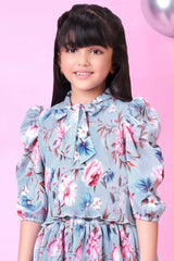 Sky Blue Puffed Sleeves Floral Printed Top And Skirt Set For Girls