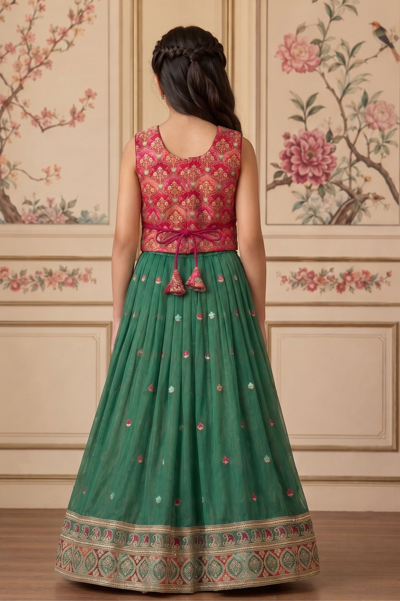 Green And Red Embroidered Lehenga Choli Set with Dupatta for Girls