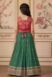 Green And Red Embroidered Lehenga Choli Set with Dupatta for Girls