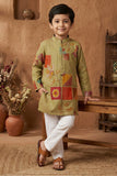 Olive Green Embroidered Patchwork Kurta Set For Boys