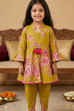 Girls Mustard Floral Printed Kurti with Dhoti Pants Set