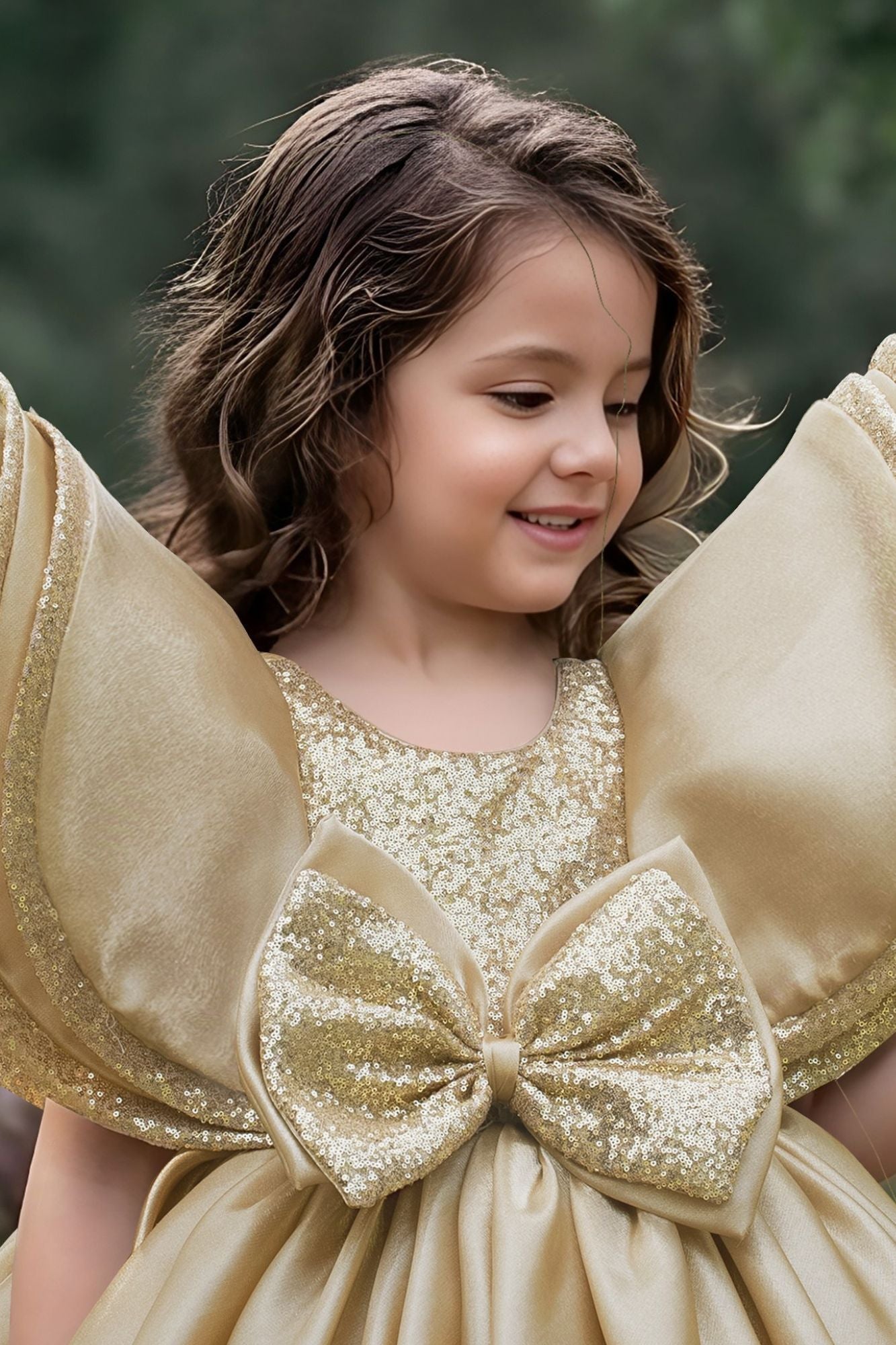 Gold Statement Bow Party Wear Gown for Girls