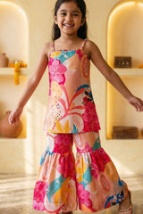 Girls Multicolor Floral Printed Sharara Set with Spaghetti Strap Kurti And Dupatta