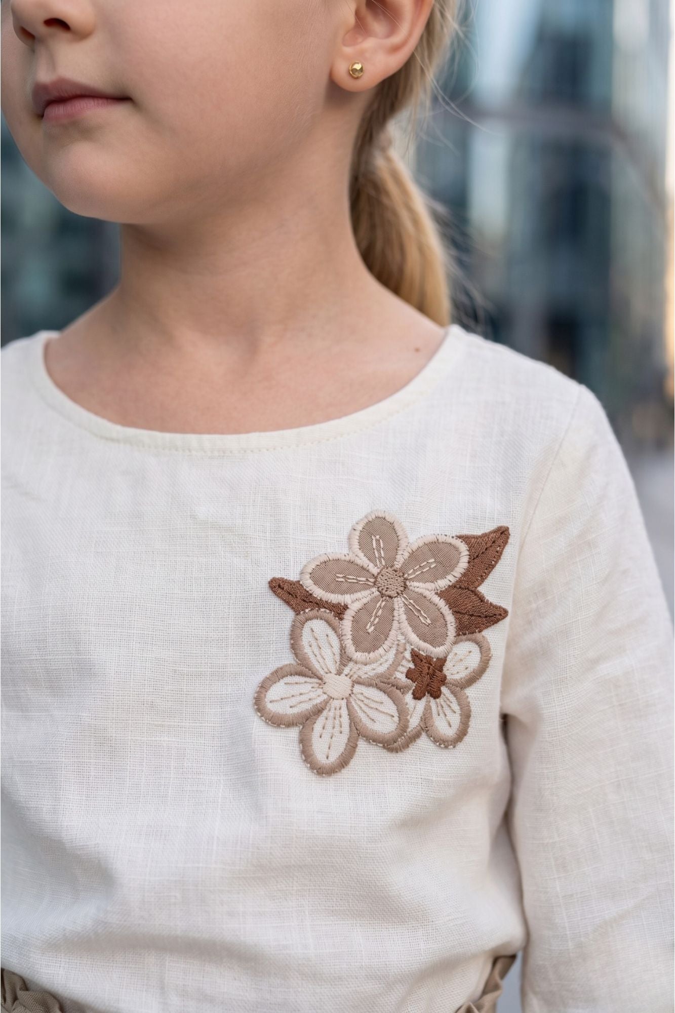 Girls Beige Wide-Leg Pants with Embroidered Top Set